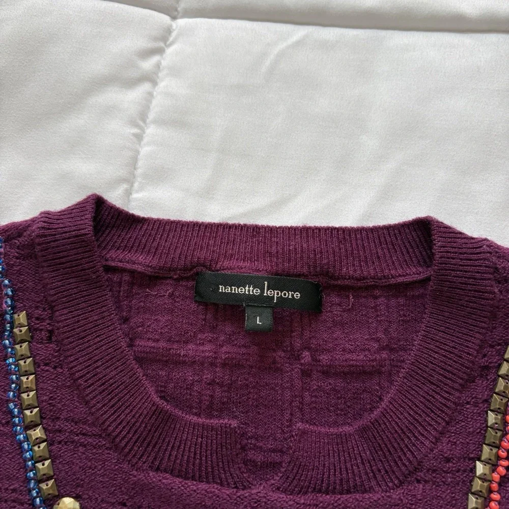 Nanette Lepore Sweater Vest Womens Large Purple Merino Wool Beaded Luxury Preppy